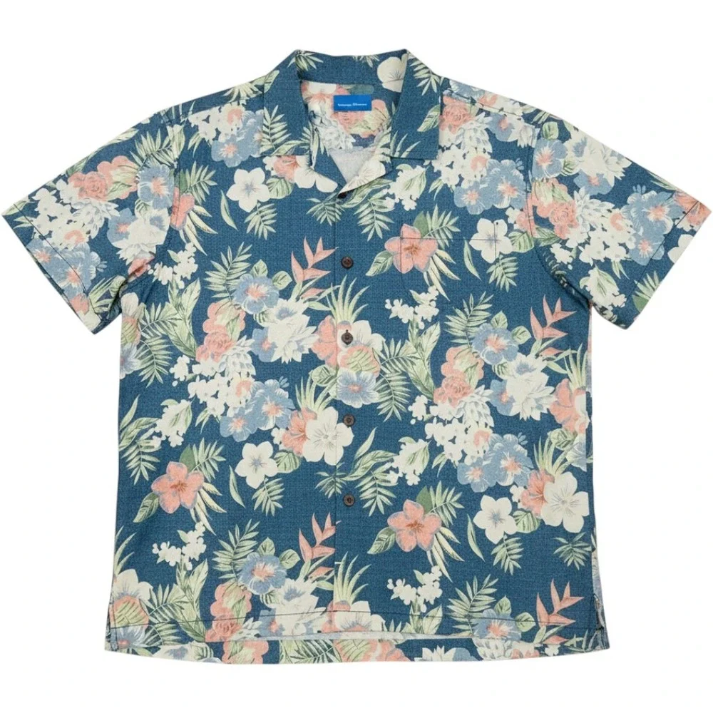 Tommy Bahama Silk Camp Shirt Mens XXL Blue Tropical Floral Hawaiian Resort Aloha